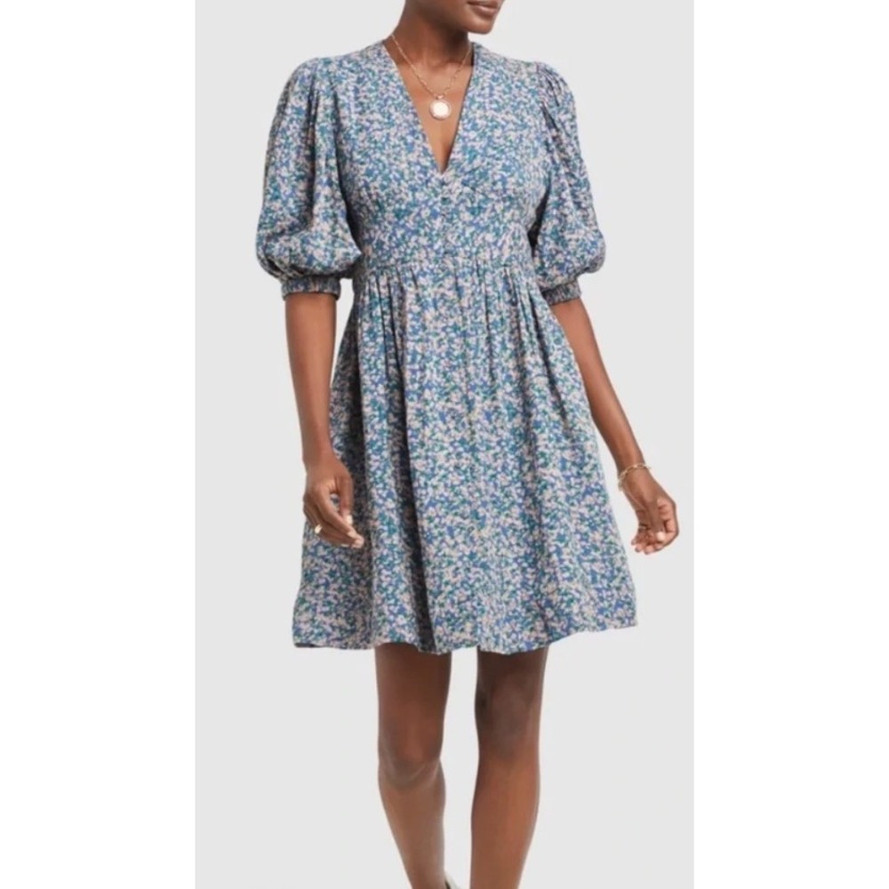 Mirth Perth Backless Short Dress Blueberry Floral Cotton Puff Sleeve Size M‎